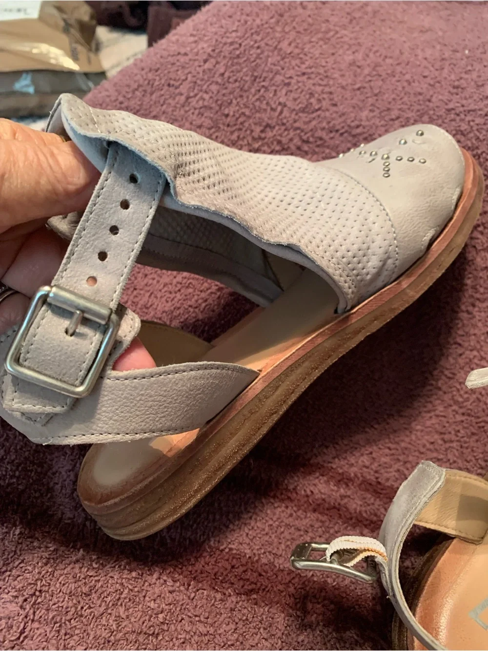 Miz Mooz Light Gray Perforated Slingback Sandals with Stud Detail